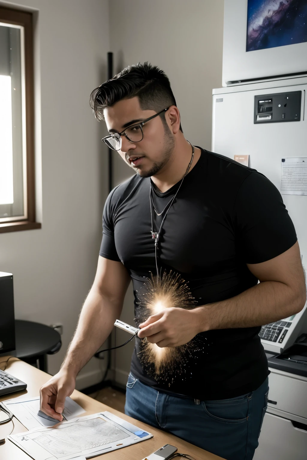 ((best qualityer)), ((work of art)), (detailded), 1 tall boy with glasses with an exploding printer and 1 fat black boy being attacked by an RJ45 network cable. titulo PEDRO IMRESSORAS e sERGIO CABOS DE REDE