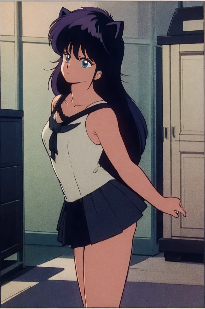 A purple haired girl with cat ears and a dark purple dress