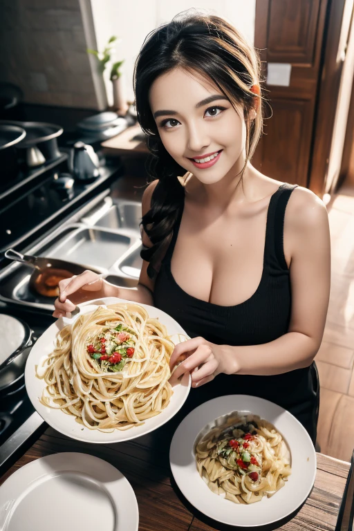 (dynamic angle:1.3, front view:1.1, breast focus:1.3, from above:1.1), (dynamic posing:1.2, sexy posing:1.2), (seductive smiling:1.3), ((holding Pasta on a plate,Taking the pasta out of the pan, worried about the outcome:1.2)),highest quality、(real、photorealistic:1.4),(ultra high resolution, 8K RAW photo, clear focus), best qualtiy, natural lighting, field depth, (Bright pupils, detailed beautiful eyes, high detailed face), Red lip, (tight focus:1.2), a girl 22yo old, Wearing a pastry chef uniform:1.3 , Thicc, thin breast, long hair, blue eyes,garter stocking, cleavage:1.2, midriff, black shorts, black thighhighs, thigh strap, pretty girl, (highly detailed beautiful face and eyes,firm breasts),real skin,((black,hair,long pony tail hair)),thin pubic hair,cute,lovely, detailed eyes,(double breasted:1.0,under bust:1.0),(with sparkling eyes and a contagious smile),open mouth, Looking at Viewer,A scene of make cooking Carbonara Pasta in the kitchen