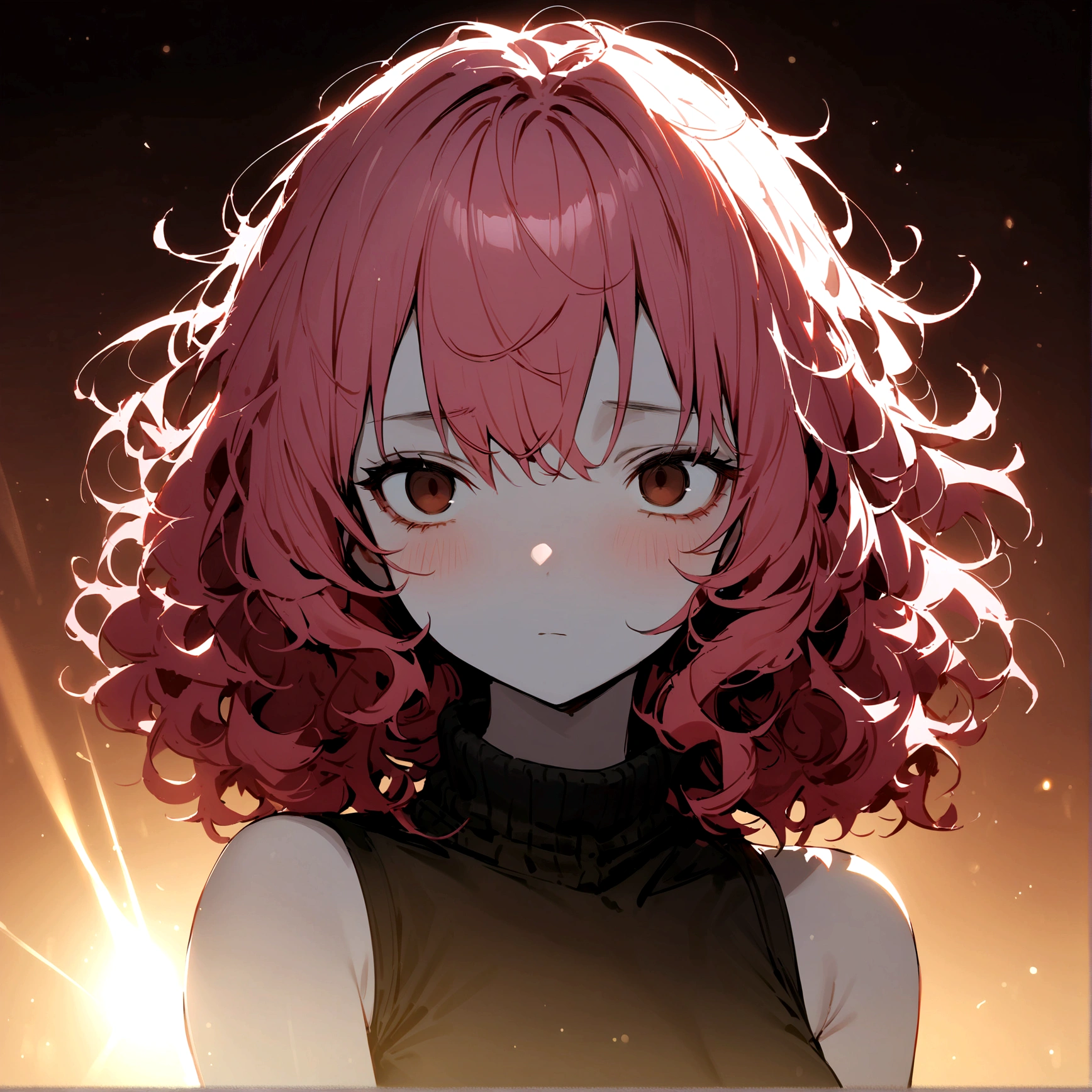1girl, masterpiece, pink hair, dark brown eyes, black training suit, sleveless shirt, curly hair, medium hair, dead eyes, emotionless face, white skin, messy hair, upperbody,