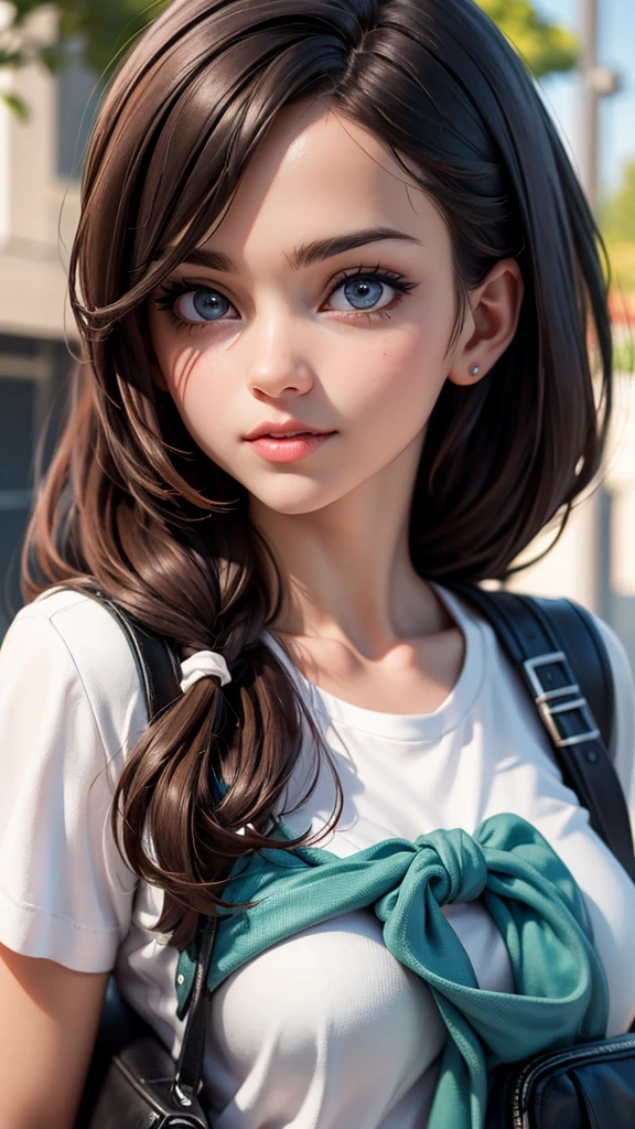 best quality, 4k, 8k, highres, masterpiece:1.2), ultra-detailed, (realistic, photorealistic, photo-realistic:1.37), playful, cartoon, student (girl), school bag, surprised, white t shirt, outdoor, 3d rendering, beautiful detailed eyes, beautiful detailed lips, extremely detailed eyes and face, longeyelashes, colourful, soft lighting, lovely house, lively atmosphere