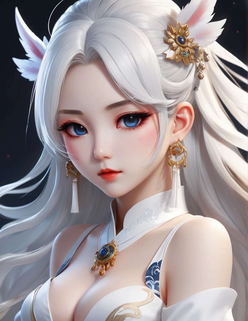 quality(8k wallpaper of extremely detailed CG unit, masterpiece, hight resolution, top-quality, top-quality real texture skin,hyper realisitic, digitial painting,increase the resolution,RAW photos,best qualtiy,highly detailed,the wallpaper),BREAK,8K, onmyoji-style art, white long hair , white skin , white dress , full face, close up shot, frontal shot, earrings, piercings, covered whit eyepatch, white background, Chibi