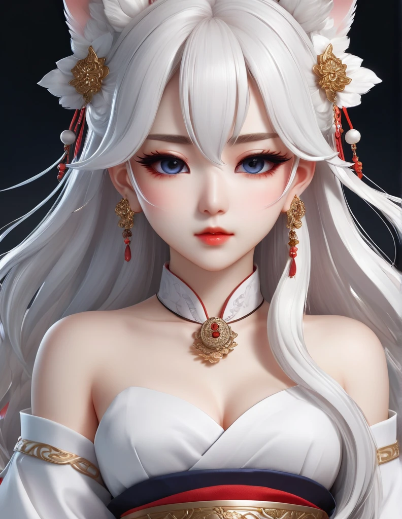quality(8k wallpaper of extremely detailed CG unit, masterpiece, hight resolution, top-quality, top-quality real texture skin,hyper realisitic, digitial painting,increase the resolution,RAW photos,best qualtiy,highly detailed,the wallpaper),BREAK,8K, onmyoji-style art, white long hair , white skin , white dress , full face, close up shot, frontal shot, earrings, piercings, covered whit eyepatch, white background, Chibi
