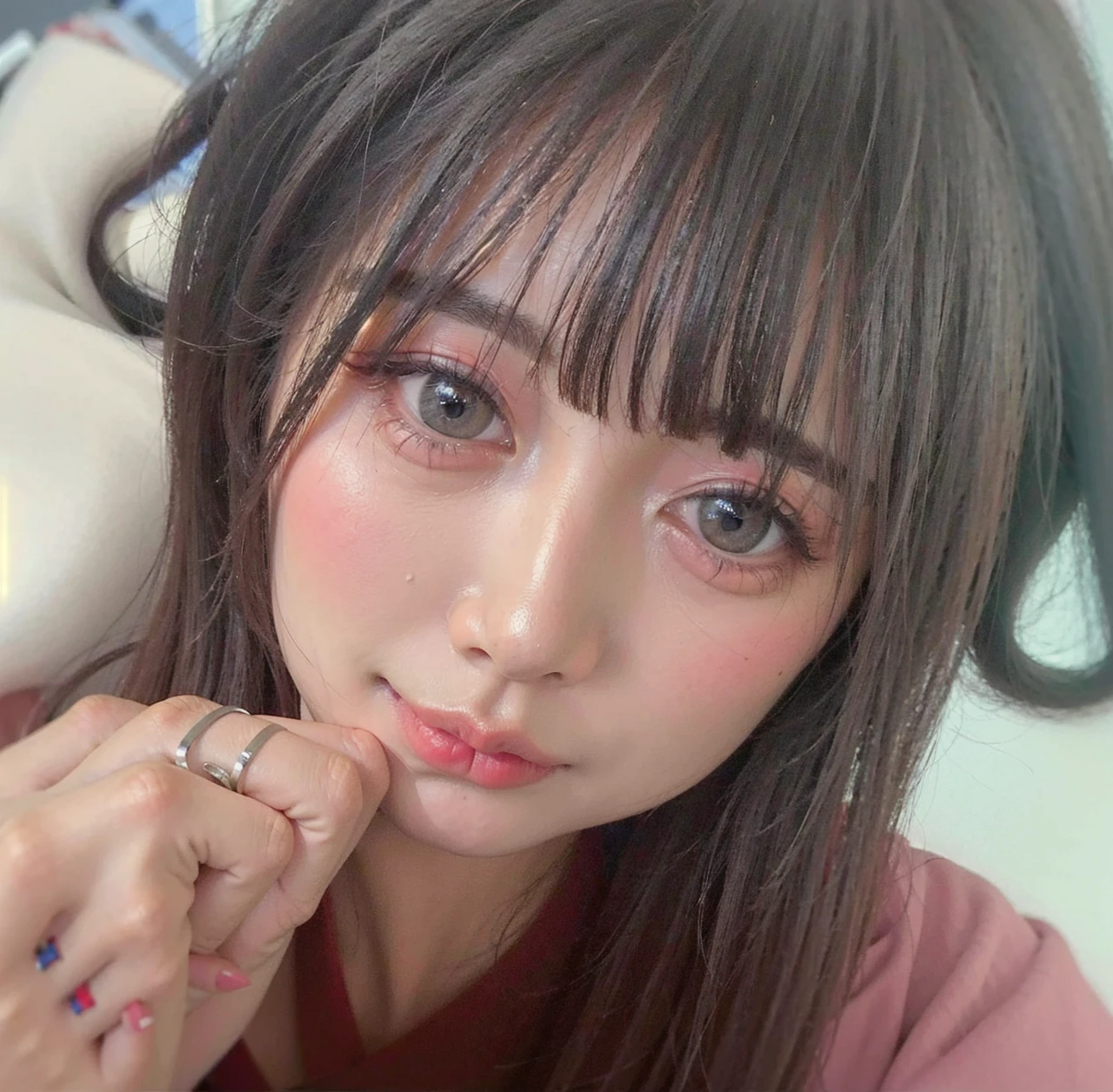 best quality, ultra high res, (photorealistic:1.4), 1girl, off-shoulder white shirt, black tight skirt, black choker, (faded ash gray hair:1), medium breasts, looking at viewer, closeup、Swimwear