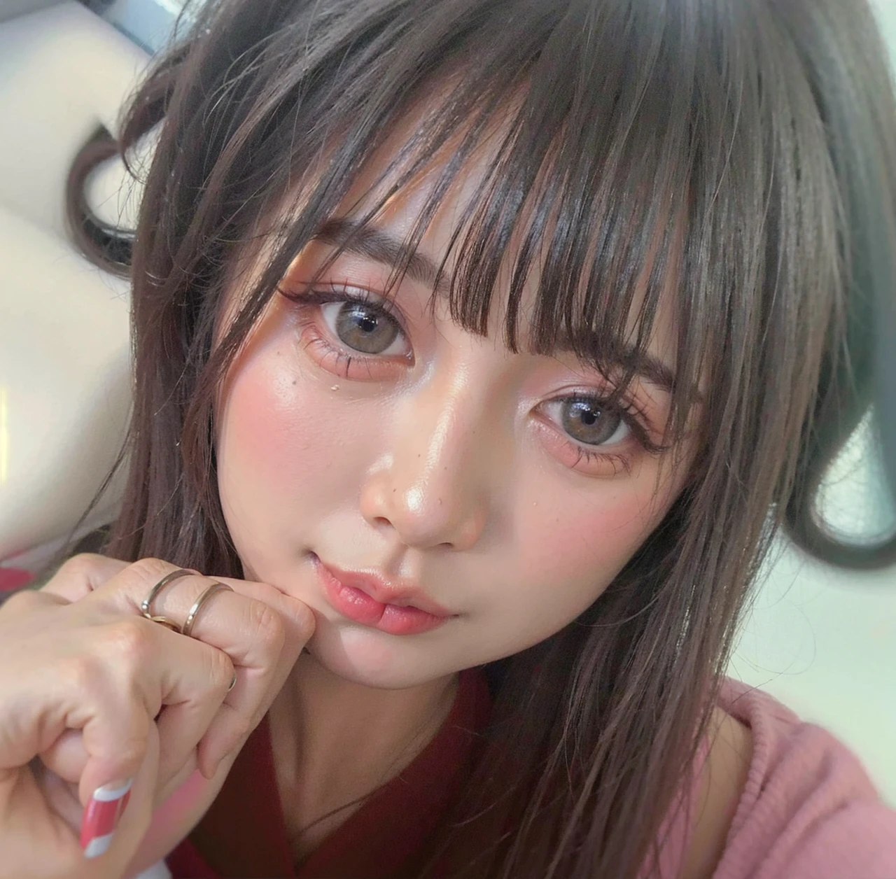 best quality, ultra high res, (photorealistic:1.4), 1girl, off-shoulder white shirt, black tight skirt, black choker, (faded ash gray hair:1), medium breasts, looking at viewer, closeup、Swimwear