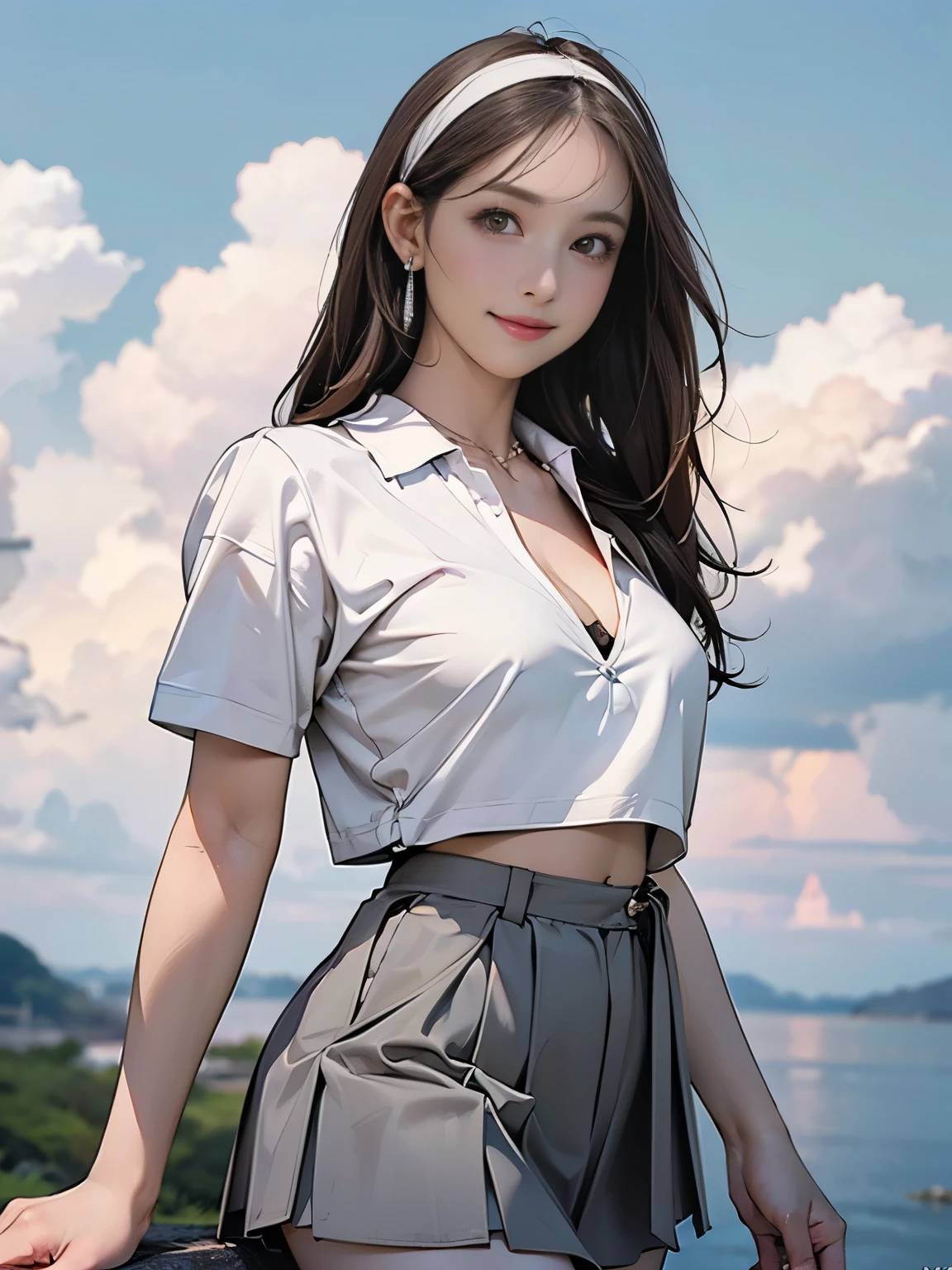 ((((Highest quality))))、(((Ultra-precision CG16K wallpaper)))、(((masterpiece)))、(((Super detailed)))、(((Extreme detail)))、((１Mature 29 year old woman:1.6))、((Very beautiful Japan face of a person))、((Urizane Face:1.8))、((Medium Straight Hair:1.8))、(Shiny Hair)、A delicately drawn beautiful face、(Dark Eyes、Reflected light from the eye)、double eyelid、High nose、Small nostrils、Small Mouth、Seductive lips、Beautiful breasts、((C cup size breasts))、Cleavage、Small belly button、Delicate nails、Beautiful feet、Thin thighs、eight-headed body、Perfect proportions、Perfect Anatomy、Perfect composition、Beautiful detailed shading、Beautiful, natural lighting、Beautiful detail glow、Depth of written boundary、(((High chroma)))、(((Real:1.9)))、((vivid:1.5))、((Beautiful Skin))、((Skin Texture))、((Realな皮膚感))、(((Cowboy Shot:1.6)))、(((front view、shoot from front、front low angle:1.6)))、(((smile:1.6)))、(((looking at viewer:1.6)))、Bright daylight、Natural light、(((background_Ground、Sky and Clouds:1.5)))、(Standing pose:1.6)、(((White short sleeve cropped polo shirt&Low-rise pleated mini skirt:1.6)))、((hair band、necklace、Wearing earrings:1.5))、((Lace Stockings Clothed))、