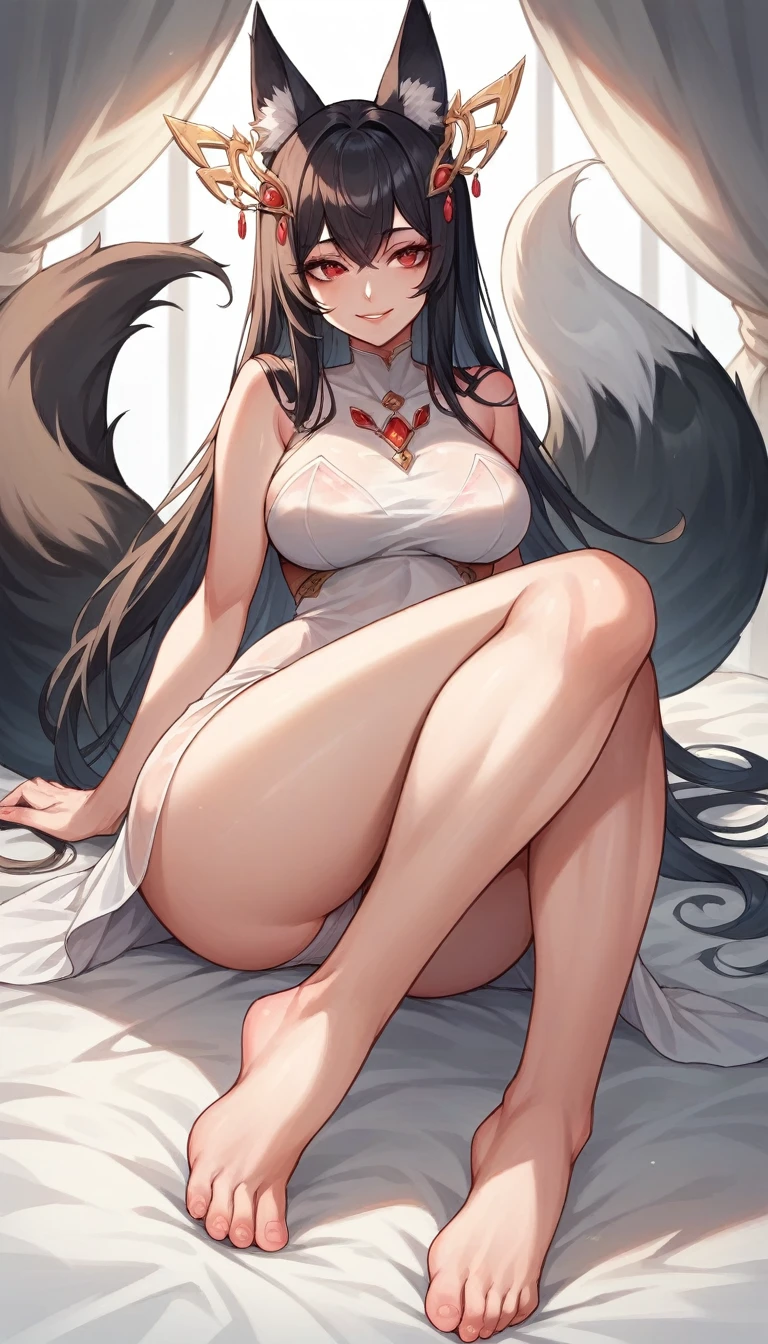 high detail, super detail, super high resolution, high quality. Extremely  and beautiful girl, with a beautiful face, wide and beautiful lips,  smile, White skin, Red eyes, curvy body, beautiful feet and thighs, long black hair, black fox ears and fox tail, short dress, , shows a lot of skin, It's low-cut. sitting, showing legs, , legs spread wide, showing feet. barefoot, feet on camera, , correct pie , foot ,  pie, pies, Detailed feet, correct pie , detailed thighs, detailed curves, detailed  and body. very wet, wet clothes, clothing fabric marking your body more.