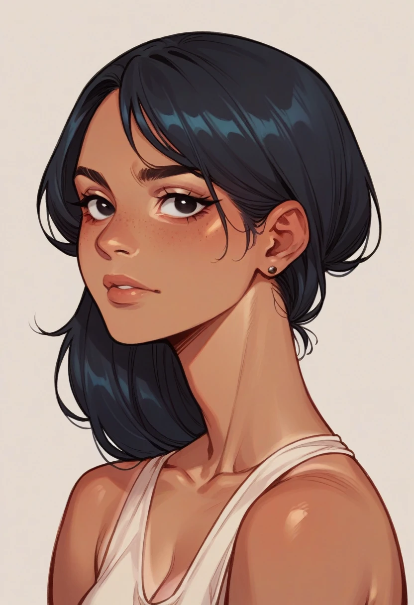 Beautiful tan girl with black eyes color, black hair color, with a slightly flat and slightly wide nose, ,and round face