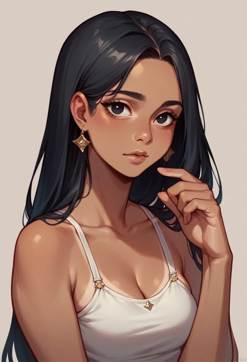 Beautiful tan girl with black eyes color, black hair color, with a slightly flat and slightly wide nose, ,and round face