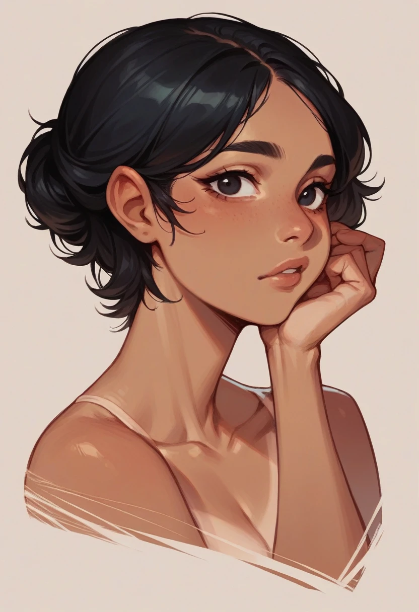 Beautiful tan girl with black eyes color, black hair color, with a slightly flat and slightly wide nose, ,and round face
