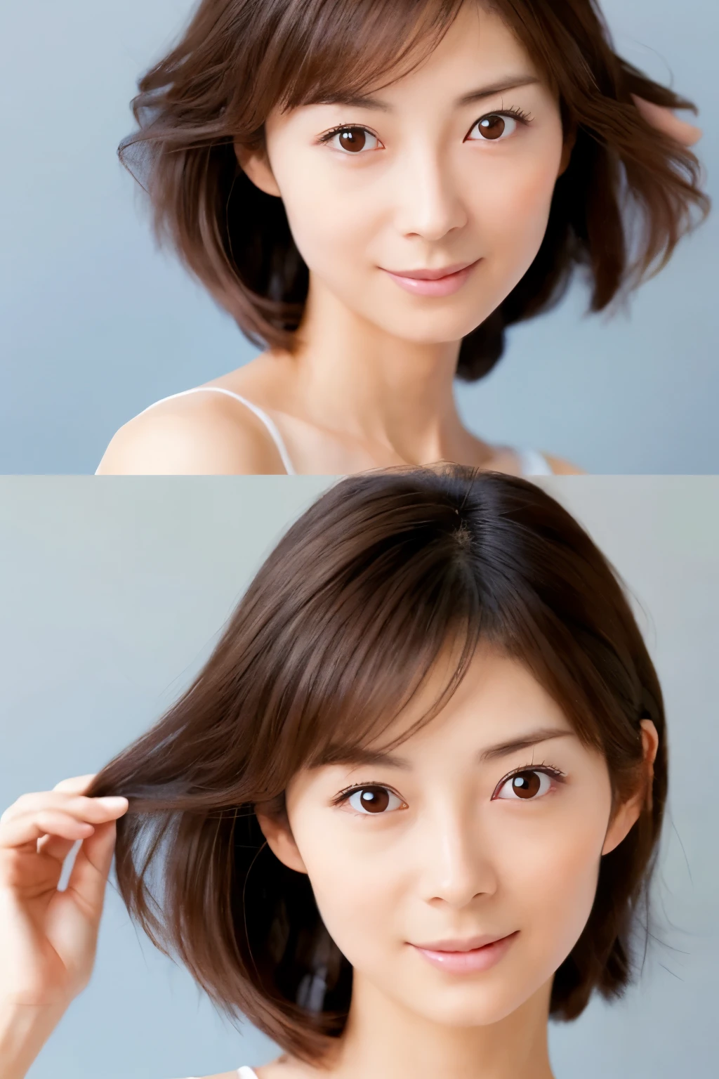 (High reality photograph, high resolusion), Skinny Japanese lady, 30 years old, cute face, detailed face, detailed eyes, various hair style, skinny figure, correct body anatomy, ((looking straight ahead)), facing the camera directly, single photo, a photo captured the best moment expressing the beauty and brains, ((with simple background))