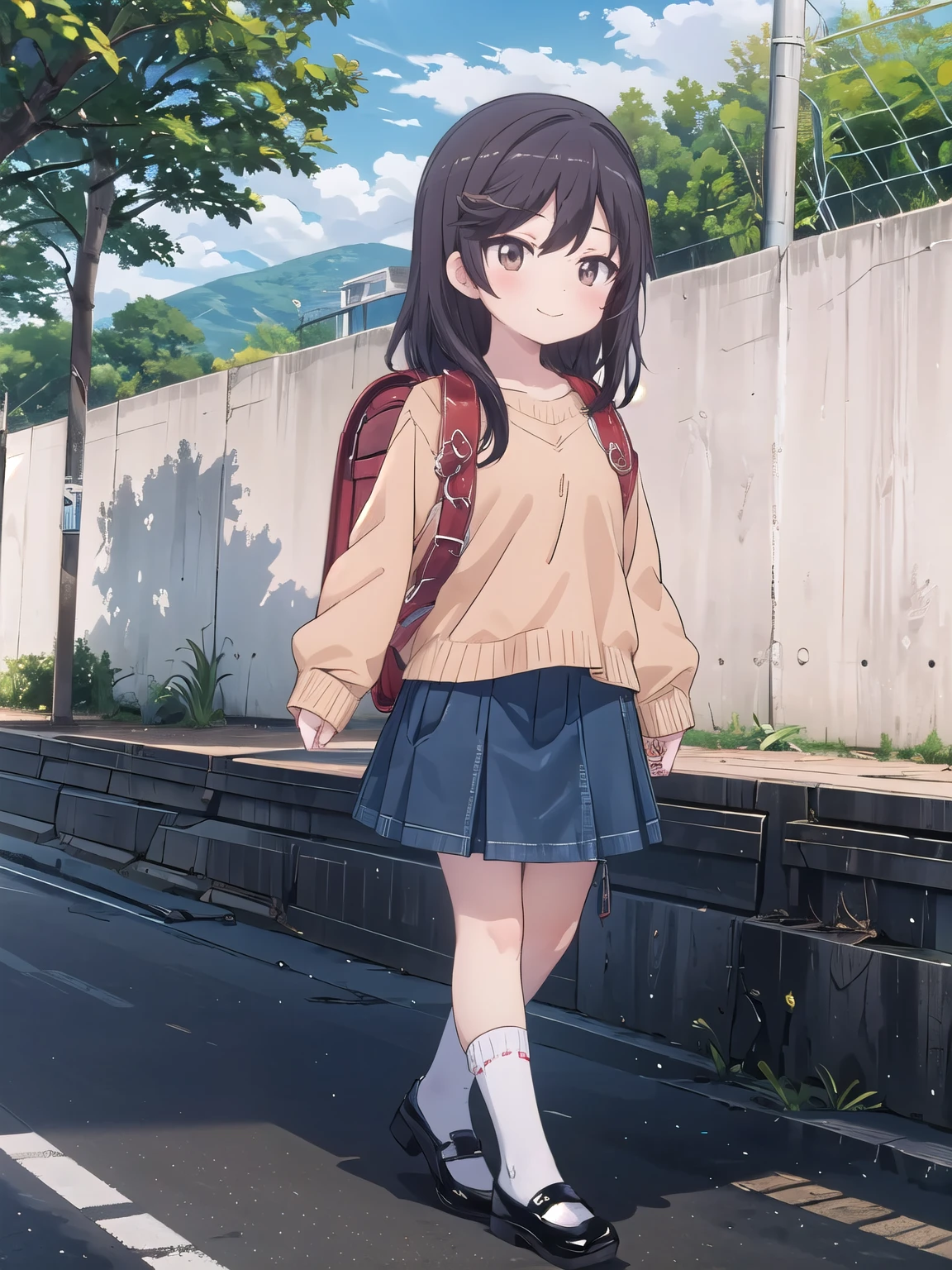 Masterpiece, hd, 1girl, nonhotaru, wearing brown sweater, blue pleated skirt, white socks, black shoes, wearing randoseru backpack, (backpack:1.2),walking,smile, outdoor, standing, fullbody 