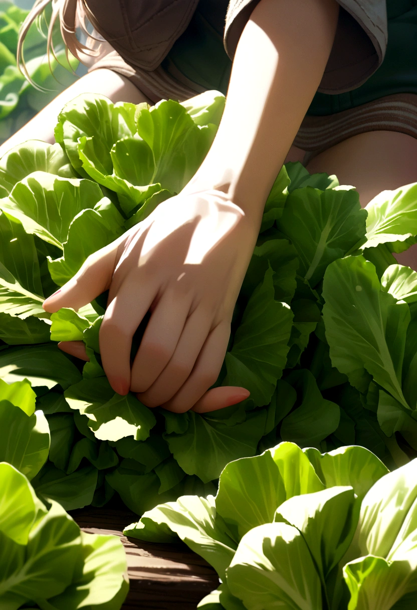 a fairy flying over a pile of Lettuce, holding one Lettuce on her hand