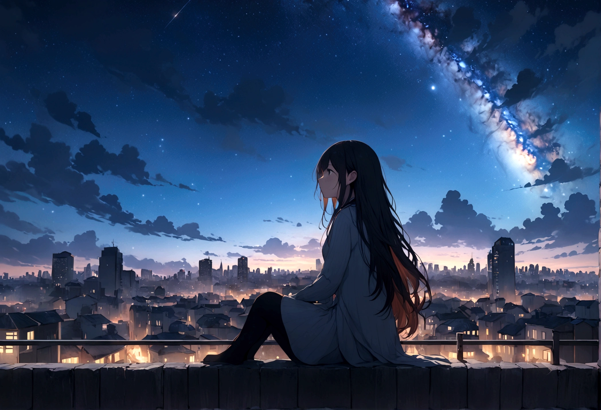 masterpiece,Octane, null, star (null), scenery, starry null, night, One girl, night null, alone, Outdoor, building, cloud, milky way, Sitting, wood, Long Hair, city, silhouette, cityscape,masterpiece,8K