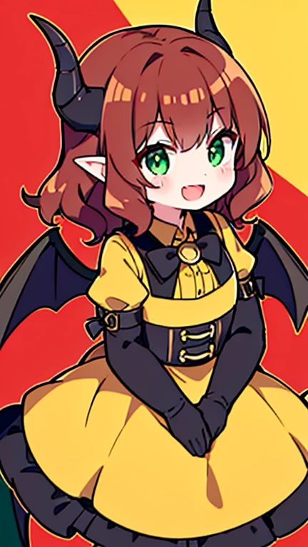 dragon demi-human girl,  Brown-curly-hair, green eyes, wearing a yellow dress with longs sleeves and red bowtie. (black Dragon wings.), (black Dragon horns.), :D