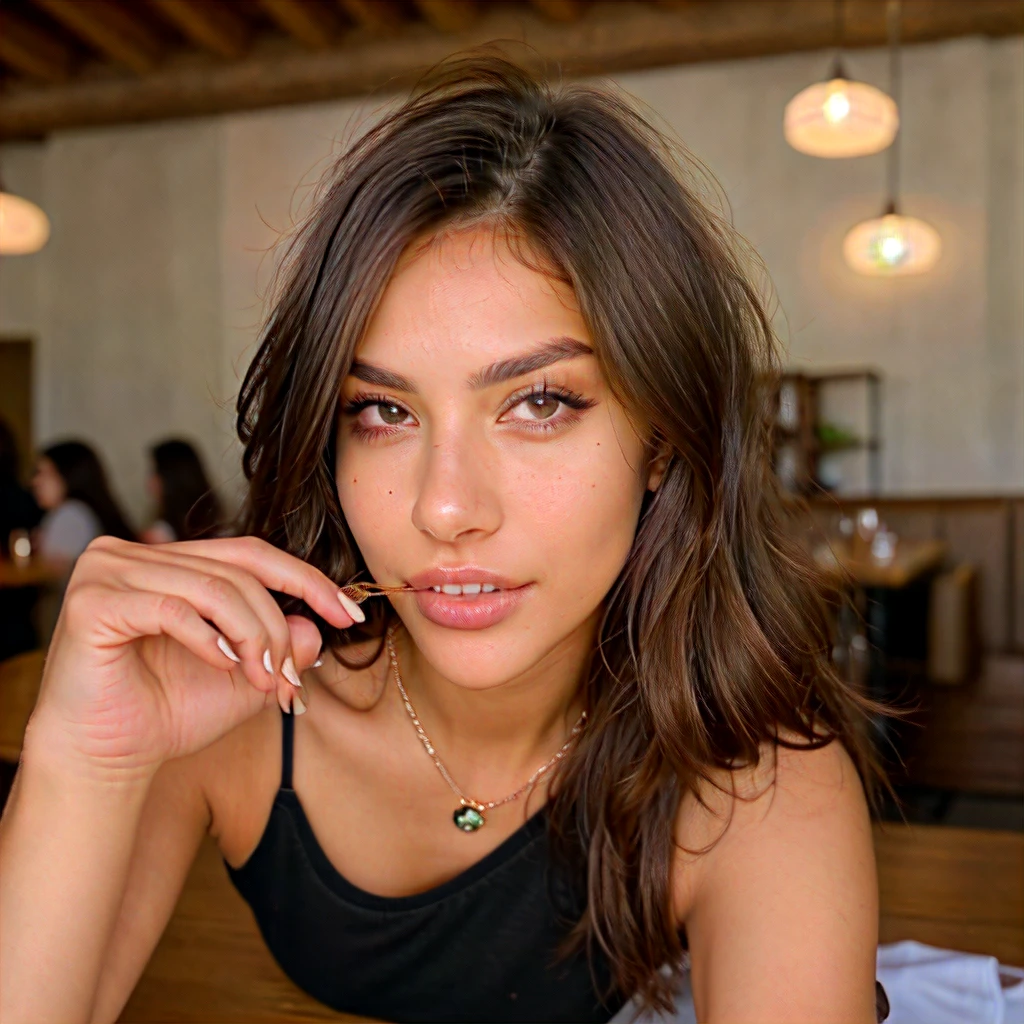 (Jewellry), very warm colors, tan skin, beautiful brunette, (high detailed face), (high detailed skin texture), (high detailed hair), (high detailed eyes), brown eyes, (long straigh dark hair), 1 girl, 20 years old, brown skin, face thin nose, photography, ultra-realistic, 8k, ((very sexy outfit)) , perfect teeth, fit girl, bottom-up view, shiny hair, ((perfect hands)), taking food, in restaurant