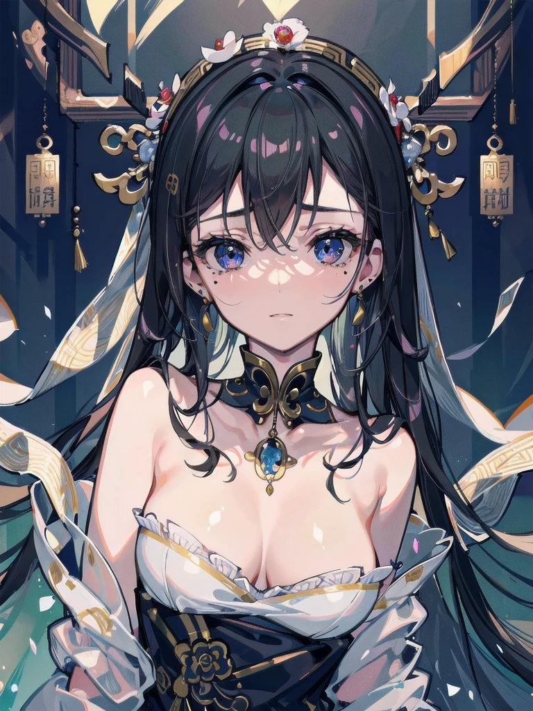 absurdres, RAW photo, extremely delicate and beautiful, masterpiece, Best Quality, ultra high resolution, 32k, hyperrealistic, ultra-detailed, in her 20s, delicate facial features, beautiful detailed girl, tearful mole, earring, medium breasts, (full body shot), shorter middle hair, black hair, jiangshi,