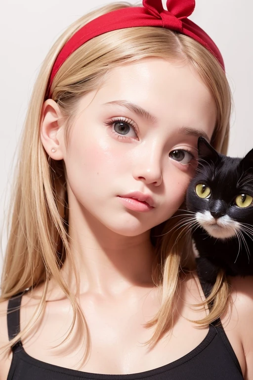 a masterpiece portrait of a beautiful young girl with a small face and a cute expression with a black cat, wearing a red headband, in a , shot with a DSLR camera, high-quality 8k UHD image with realistic skin details, detailed facial features, rim lighting, and a beautiful bokeh background,