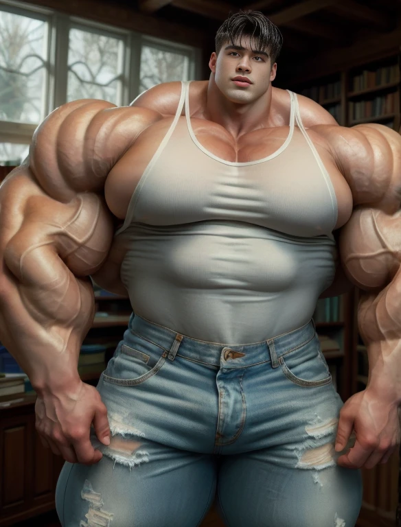 1boy, giant, alone, giant bodybuilder, wet, illuminating light, strong body, bulk, large size, stay in the bookshelf room, indoor, wear white singlet and jean pants, massive bulge, bulge, extraordinary big, brutalmass, giant muscular body, bulk, buff, massive body, large meaty body size, extremely wide body,
