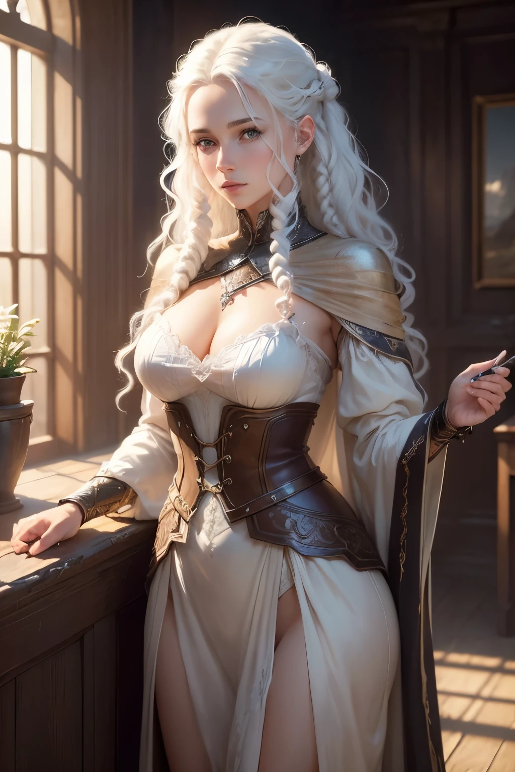 ((best qualityer)), ((work of art)), (detailded), 8K, 4K, hight contrast, work of art, 1 female fantasy adventurer ,Curly white hair , similar to the works of JRR Tolkien, clear lighting, detailed shadows