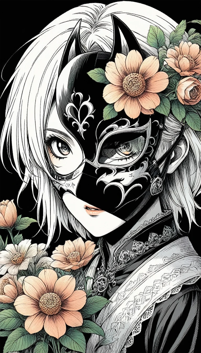 Anime Line Art，Black and White，mask，flower