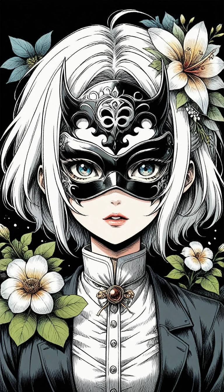 Anime Line Art,Black and White,mask,flower