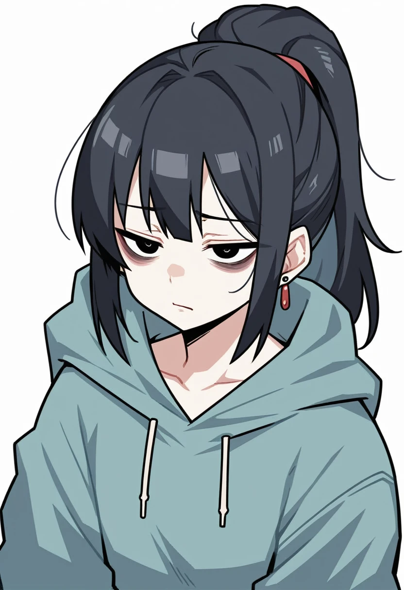 score_9, score_8_up, score_7_up, source_anime, BREAK, (((yew))), , 1girl, black hair, eye bags,.tired eyes, downturned eyes, solo, ponytail, bangs, earrings, black eyes, hoodie, small pupils, tired expression, pale skin, jeans