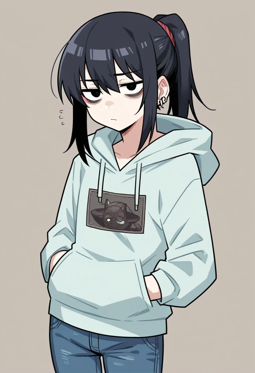 score_9, score_8_up, score_7_up, source_anime, BREAK, (((yew))), , 1girl, black hair, eye bags,.tired eyes, downturned eyes, solo, ponytail, bangs, earrings, black eyes, hoodie, small pupils, tired expression, pale skin, jeans