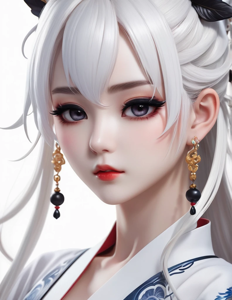 quality(8k wallpaper of extremely detailed CG unit, masterpiece, hight resolution, top-quality, top-quality real texture skin,hyper realisitic, digitial painting,increase the resolution,RAW photos,best qualtiy,highly detailed,the wallpaper),BREAK,8K, onmyoji-style art, white long hair , white skin , white dress , full face, close up shot, frontal shot, earrings, piercings, covered whit eyepatch, white background, Chibi, black makeup