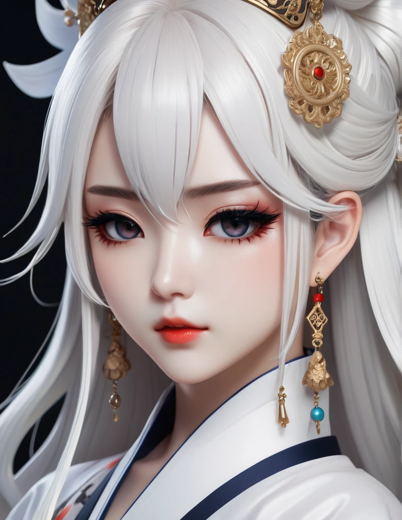quality(8k wallpaper of extremely detailed CG unit, ​masterpiece, hight resolution, top-quality, top-quality real texture skin,hyper realisitic, digitial painting,increase the resolution,RAW photos，best qualtiy,highly detailed,the wallpaper),BREAK,8K, onmyoji-style art,  white long hair , white skin , white  dress , full face, close up shot,  frontal shot,  earrings, piercings, covered whit eyepatch, white background, Chibi, black makeup 