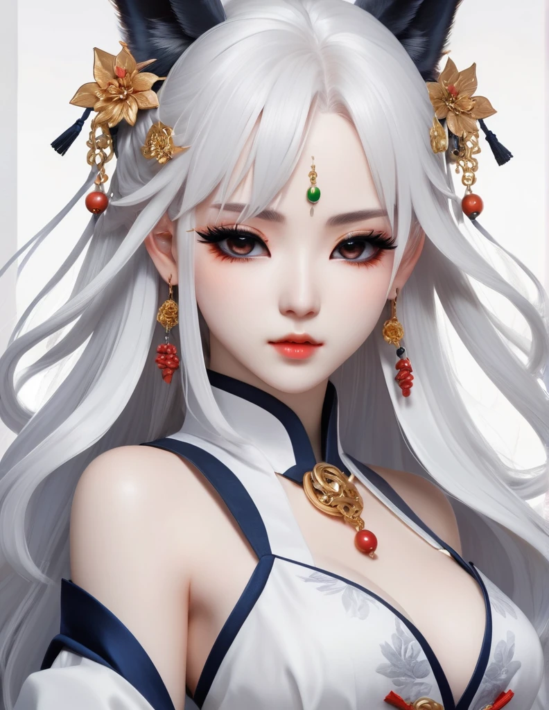 quality(8k wallpaper of extremely detailed CG unit, masterpiece, hight resolution, top-quality, top-quality real texture skin,hyper realisitic, digitial painting,increase the resolution,RAW photos,best qualtiy,highly detailed,the wallpaper),BREAK,8K, onmyoji-style art, white long hair , white skin , white dress , full face, close up shot, frontal shot, earrings, piercings, covered whit eyepatch, white background, Chibi, black makeup