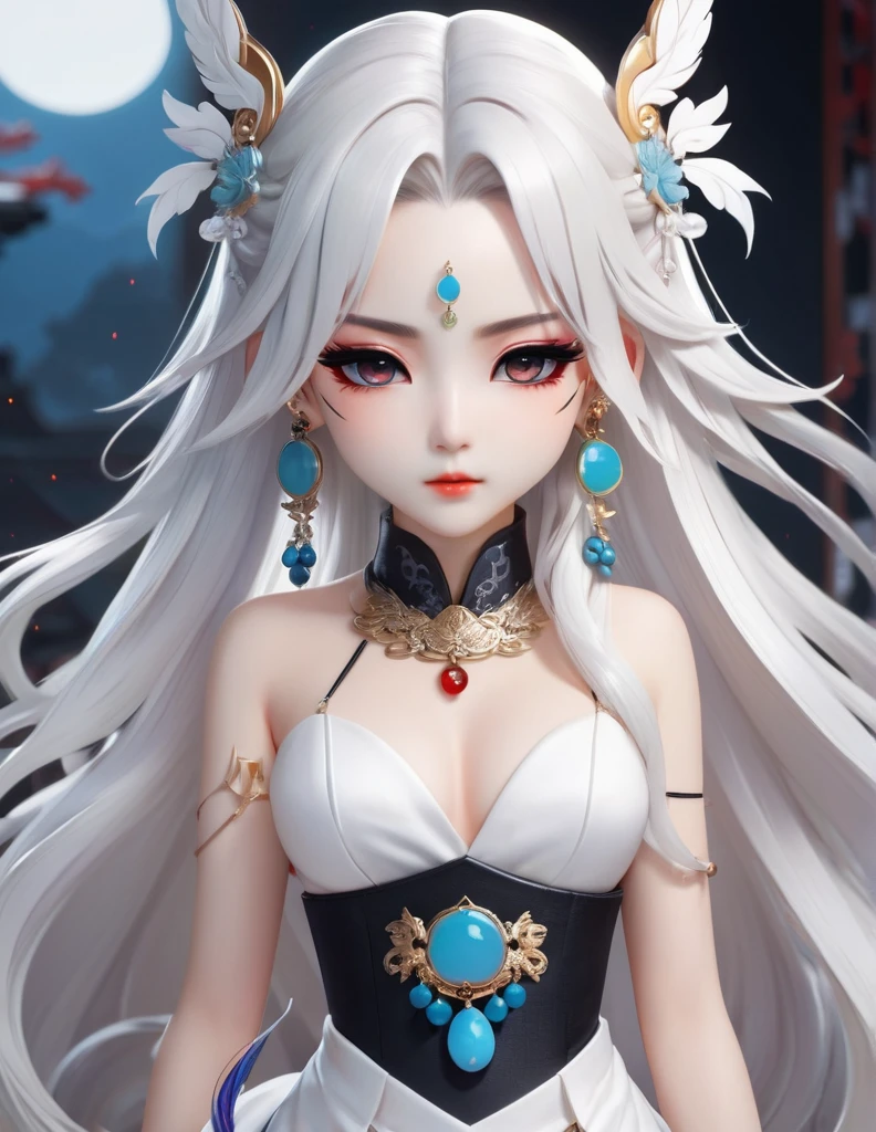 quality(8k wallpaper of extremely detailed CG unit, masterpiece, hight resolution, top-quality, top-quality real texture skin,hyper realisitic, digitial painting,increase the resolution,RAW photos,best qualtiy,highly detailed,the wallpaper),BREAK,8K, onmyoji-style art, white long hair , white skin , white dress , full face, close up shot, frontal shot, earrings, piercings, covered whit eyepatch, white background, Chibi, black makeup