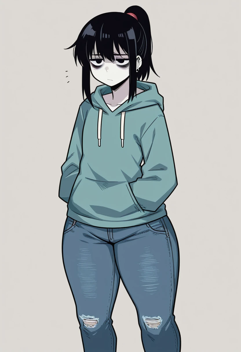 score_9, score_8_up, score_7_up, source_anime, BREAK, (((yew))), , 1girl, black hair, eye bags,.tired eyes, downturned eyes, solo, ponytail, bangs, earrings, black eyes, hoodie, small pupils, tired expression, pale skin, jeans, thick thighs, flat chest, curvy