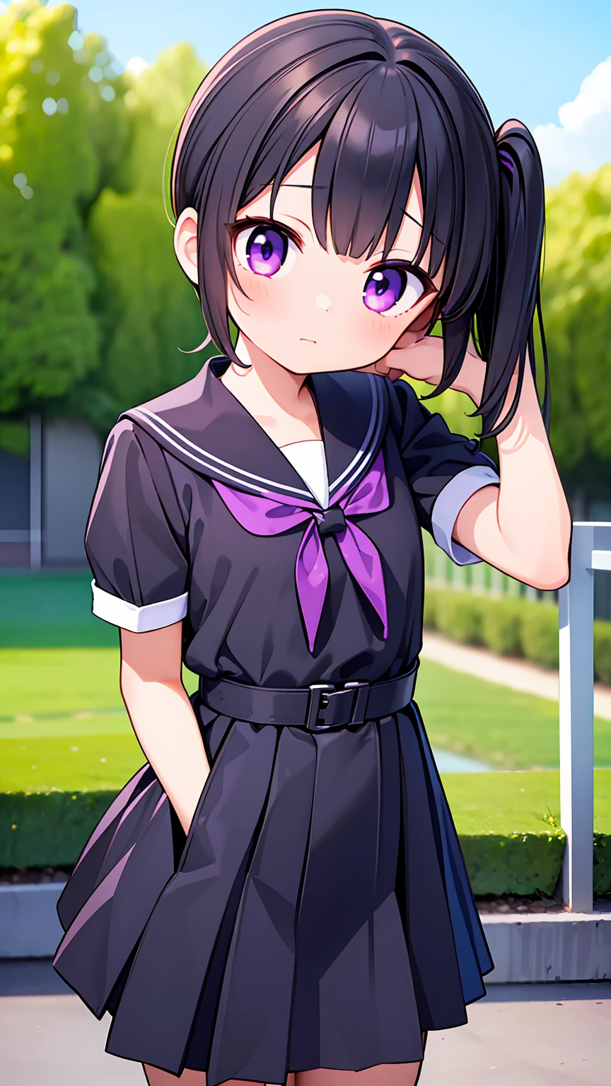(High quality), (masterpiece), (very detailed), (dynamic lighting), (), girl, (very small bust), short black hair, hairstyle with a side ponytail, purple eyes, shy face, showing her thighs, on the school yard, sunny, camera angle from below, adorable eyes, (school uniform), detailed hands, more details