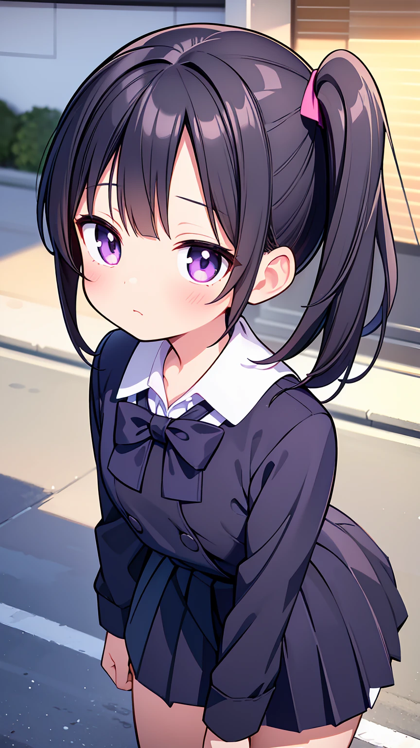 (High quality), (masterpiece), (very detailed), (dynamic lighting), (loli), girl, (very small bust), short black hair, hairstyle with a side ponytail, purple eyes, shy face, showing her thighs, on the school yard, sunny, camera angle from below, adorable eyes, (school uniform), detailed hands, more details