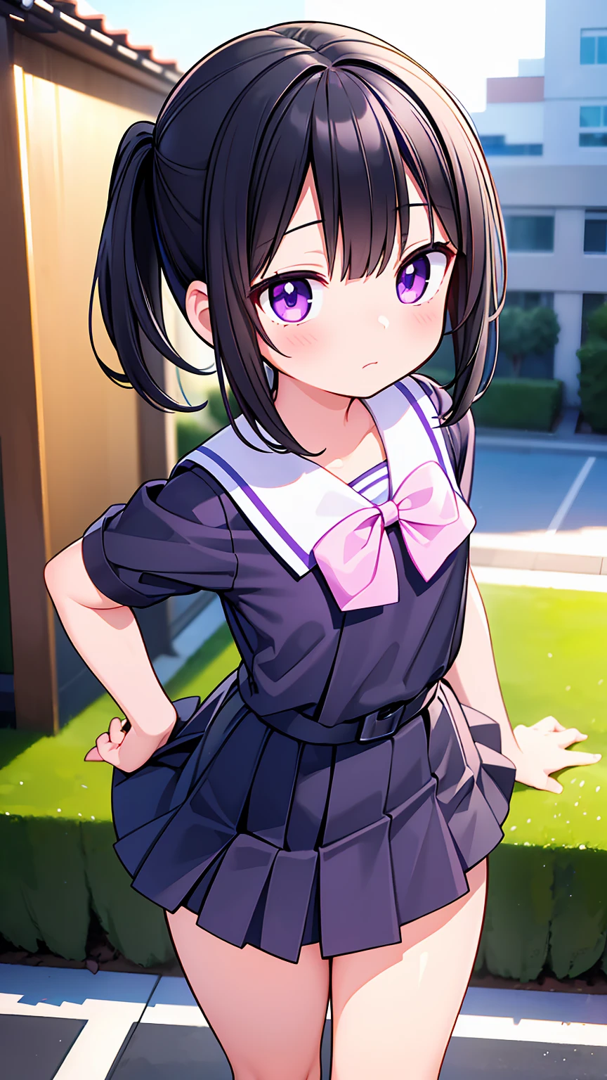 (High quality), (masterpiece), (very detailed), (dynamic lighting), (loli), girl, (very small bust), short black hair, hairstyle with a side ponytail, purple eyes, shy face, showing her thighs, on the school yard, sunny, camera angle from below, adorable eyes, (school uniform), detailed hands, more details