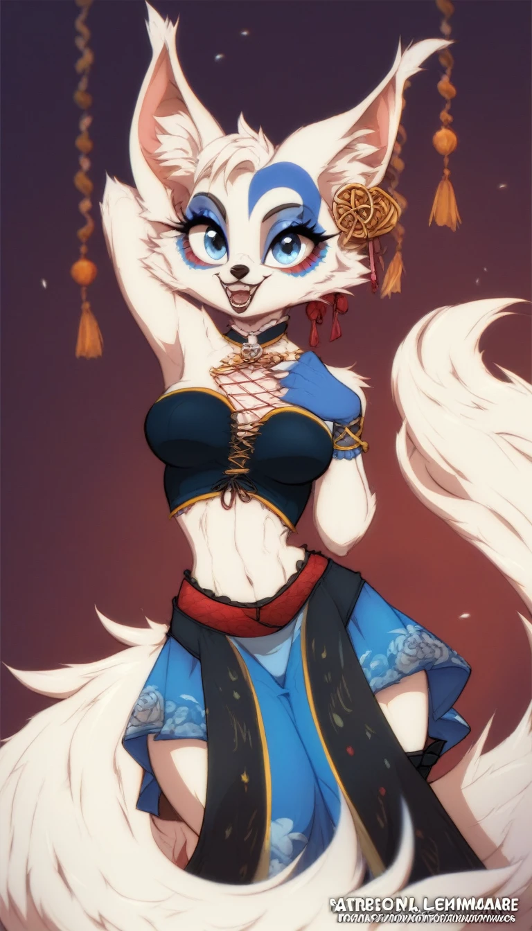 (masterpiece), best quality, expressive eyes, perfect face, A (((anthropomorphic wolf woman))) with a mix of sapphira and white fur, blue eyes, dressed in a (((McFarlane-style outfit with etheral skulls and bones))), complete with a long ((white tail)), posed in a (((Todd McFarlane-inspired advanced fantasy setting))), where the detailed silhouettes and advanced lighting techniques bring every intricate detail, from the expressive facial expressions to the intricate patterns on the wolf's paws, into sharp focus, alive and vividly detailed in 8K resolution
