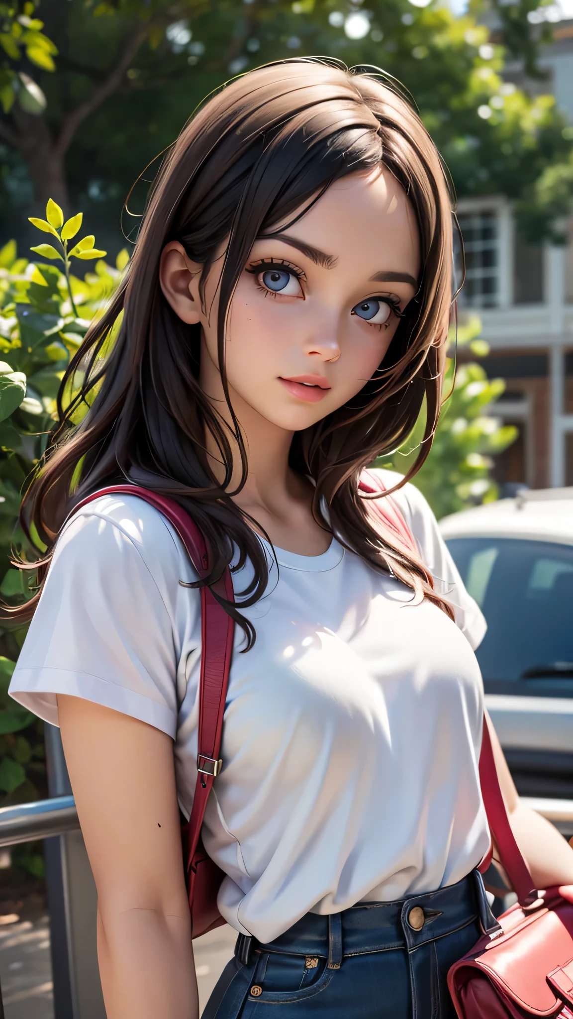 best quality, 4k, 8k, highres, masterpiece:1.2), ultra-detailed, (realistic, photorealistic, photo-realistic:1.37), playful, cartoon, student (girl), school bag, surprised, white t shirt, outdoor, 3d rendering, beautiful detailed eyes, beautiful detailed lips, extremely detailed eyes and face, longeyelashes, colourful, soft lighting, lovely house, lively atmosphere