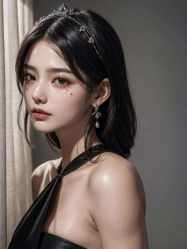 absurdres, RAW photo, extremely delicate and beautiful, masterpiece, Best Quality, ultra high resolution, 32k, hyperrealistic, ultra-detailed, in her 20s, delicate facial features, beautiful detailed girl, tearful mole, earring, medium breasts, (full body shot), shorter middle hair, black hair, jiangshi,