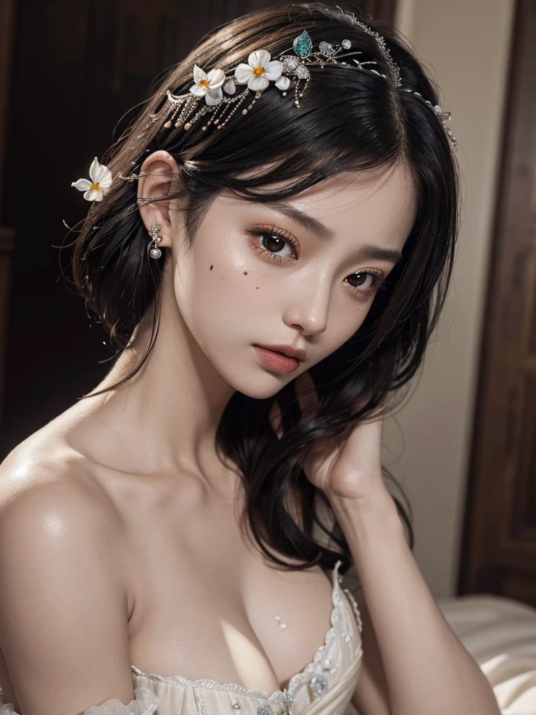 absurdres, RAW photo, extremely delicate and beautiful, masterpiece, Best Quality, ultra high resolution, 32k, hyperrealistic, ultra-detailed, in her 20s, delicate facial features, beautiful detailed girl, tearful mole, earring, medium breasts, (full body shot), shorter middle hair, black hair, jiangshi,