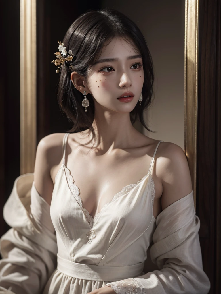 absurdres, RAW photo, extremely delicate and beautiful, masterpiece, Best Quality, ultra high resolution, 32k, hyperrealistic, ultra-detailed, in her 20s, delicate facial features, beautiful detailed girl, tearful mole, earring, medium breasts, (full body shot), shorter middle hair, black hair, jiangshi,