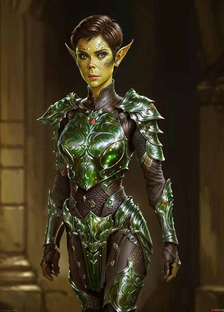githyanki, female, solo, short hair, brown hair, pointy ears, armor, shoulder armor, portrait, pauldrons, green skin
, ((masterpiece, best quality)), art by greg rutkowski, artwork trending on artstation