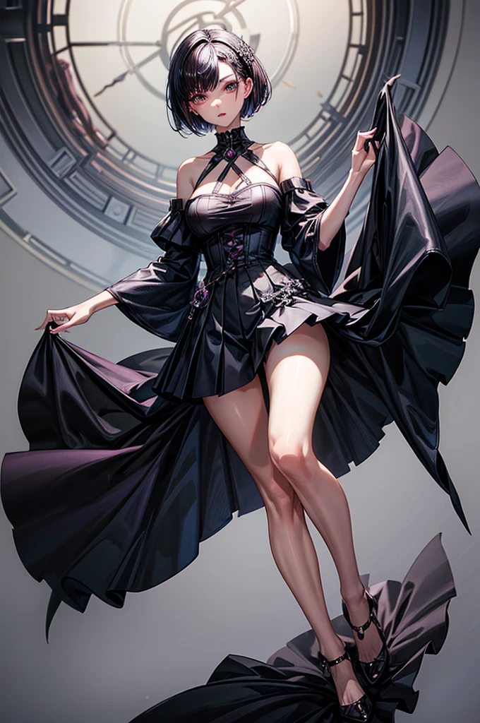 masterpiece, best quality, distinct image, 1 girl, 16 year old teenager, off shoulder stylish crop blouse, pleated and elegant skirt, knee length stockings, solo. sharp facial features, oval shaped face, cherry pink lip, lightly tanned white skin, velvet-colored eyes, tall height(175cm), slim yet chiseled body-type, dark violet-black hair, short pixie cut hairstyle, slender legs, curvy hips stretching the dress, full body image, gothic style environment