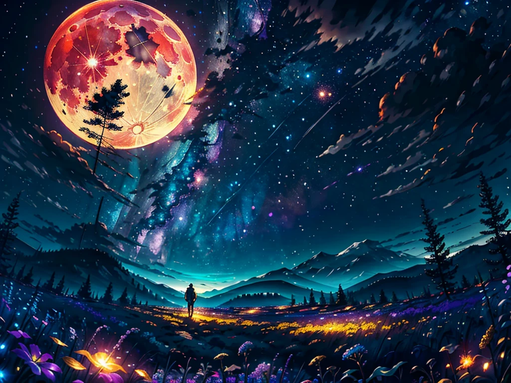 Expansive landscape photograph, (view from below with a view of the sky and the wilderness below), lawyer standing in a flower field looking up, (full moon: 1.2), (shooting star: 0.9), (nebula: 1.3), distant mountain, tree break production art, (warm light source: 1.2), (firefly: 1.2), lamp, purple and orange, intricate detail, volume lighting BREAK (masterpiece: 1.2), (highest quality ), 4k, ultra-detailed, (dynamic configuration: 1.4), highly detailed and colorful details (iridescent: 1.2), (sparkling lighting, atmospheric lighting), dreamy, magical, (solo: 1.2)