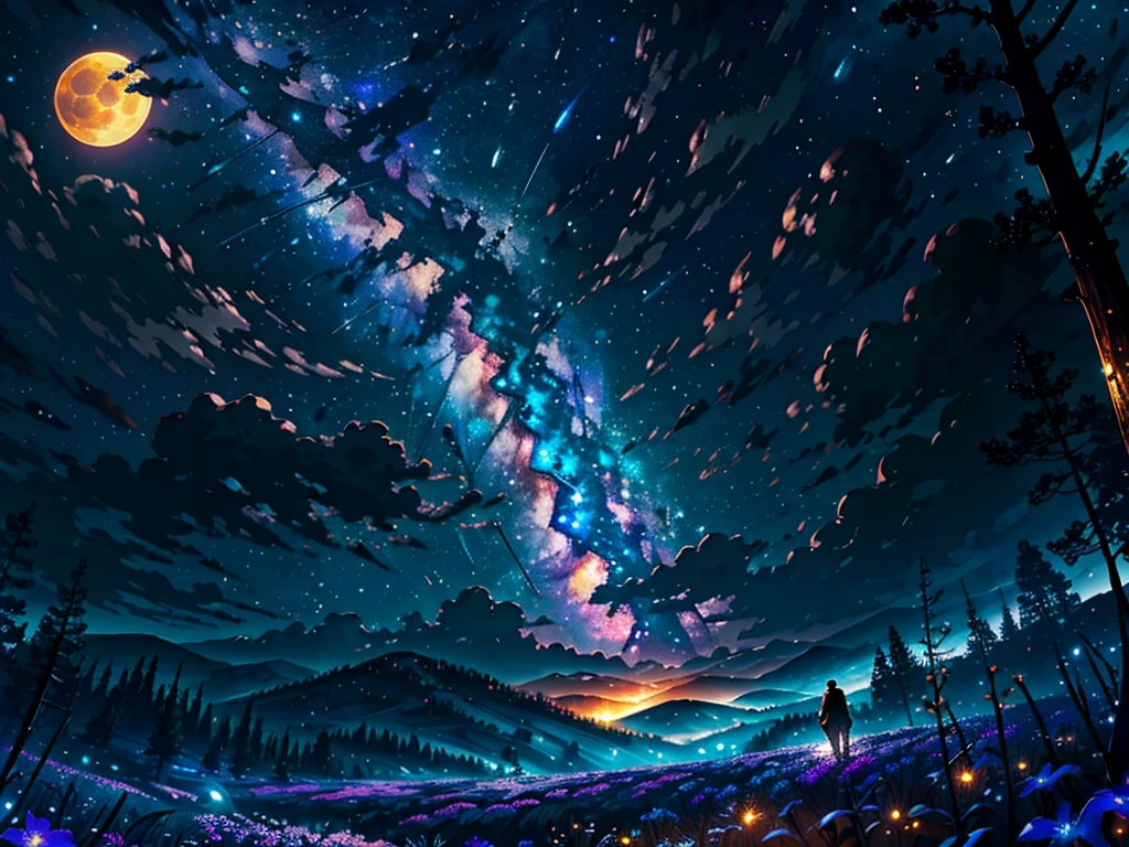 Expansive landscape photograph, (view from below with a view of the sky and the wilderness below), lawyer standing in a flower field looking up, (full moon: 1.2), (shooting star: 0.9), (nebula: 1.3), distant mountain, tree break production art, (warm light source: 1.2), (firefly: 1.2), lamp, purple and orange, intricate detail, volume lighting BREAK (masterpiece: 1.2), (highest quality ), 4k, ultra-detailed, (dynamic configuration: 1.4), highly detailed and colorful details (iridescent: 1.2), (sparkling lighting, atmospheric lighting), dreamy, magical, (solo: 1.2)