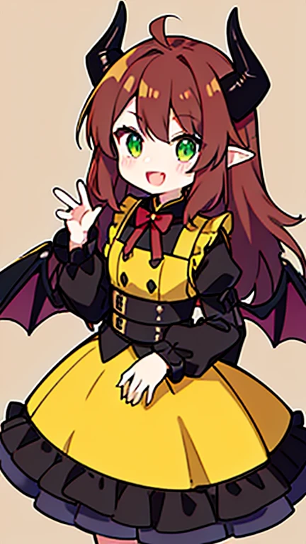 dragon demi-human girl,  Brown-curly-hair, green eyes, wearing a black and yellow dress with longs sleeves and red bowtie. (black Dragon wings.), (black Dragon horns.), :D