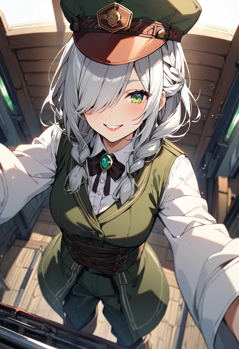 BREAK Perfect Anatomy、(High resolution:1.2)、Incredible illustrations、(Cute illustrations:1.2)、()(cinematic angle,ceiling,solo focus,)
(Beautiful background(Passage inside the train))
1girl((male focus,tom girl)(a girl, 1.7meters, 45kg,,dark skin:1.6,green eyes,silver hair,hair over one eye,long french braid,lipstick)(light smile)
(tyrolean hat,rail road man's coat,Vest jacket with lines
slacks,workman's boots)