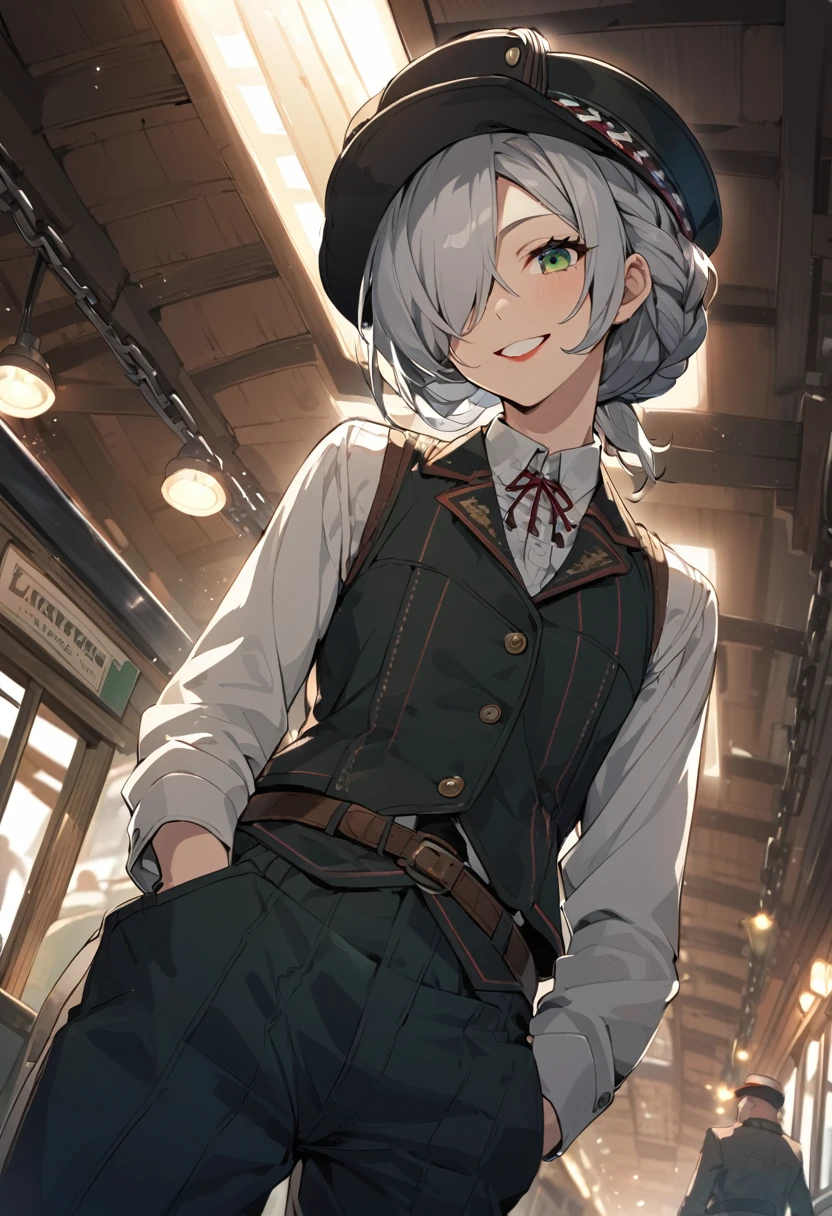 BREAK Perfect Anatomy、(High resolution:1.2)、Incredible illustrations、(Cute illustrations:1.2)、()(cinematic angle,ceiling,solo focus,)
(Beautiful background(Passage inside the train))
1girl((male focus,tom girl)(a girl, 1.7meters, 45kg,,dark skin:1.6,green eyes,silver hair,hair over one eye,long french braid,lipstick)(light smile)
(tyrolean hat,rail road man's coat,Vest jacket with lines
slacks,workman's boots)
