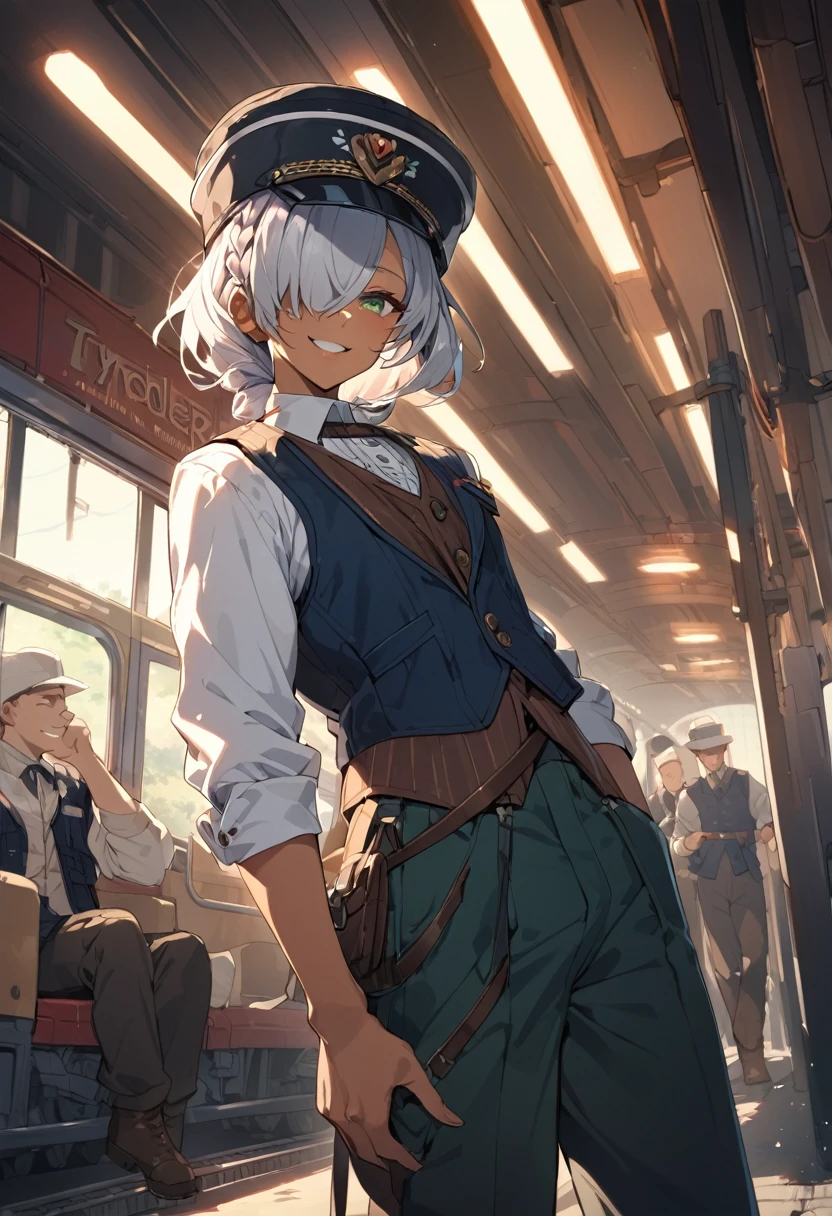 BREAK Perfect Anatomy、(High resolution:1.2)、Incredible illustrations、(Cute illustrations:1.2)、()(cinematic angle,ceiling,solo focus,)
(Beautiful background(Passage inside the train))
1girl((male focus,tom girl)(a girl, 1.7meters, 45kg,,dark skin:1.6,green eyes,silver hair,hair over one eye,long french braid,lipstick)(light smile)
(tyrolean hat,rail road man's coat,Vest jacket with lines
slacks,workman's boots)
