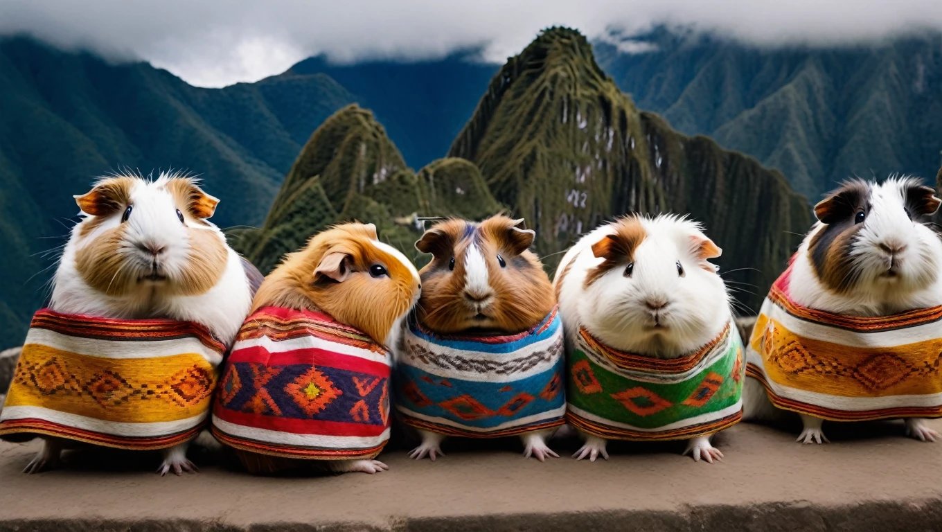 photo of fluffy guinea pigs grocery shopping in traditional Peruvian clothes at Machu Picchu, funny, chaotic, award winning masterpiece, hilarious, cinematic, perfection, dynamic composition 